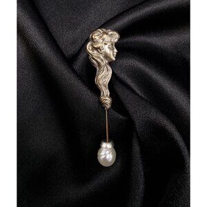 Vintage Art Nouveau Style Lady Stick Pin W/ Faux Pearl Drop